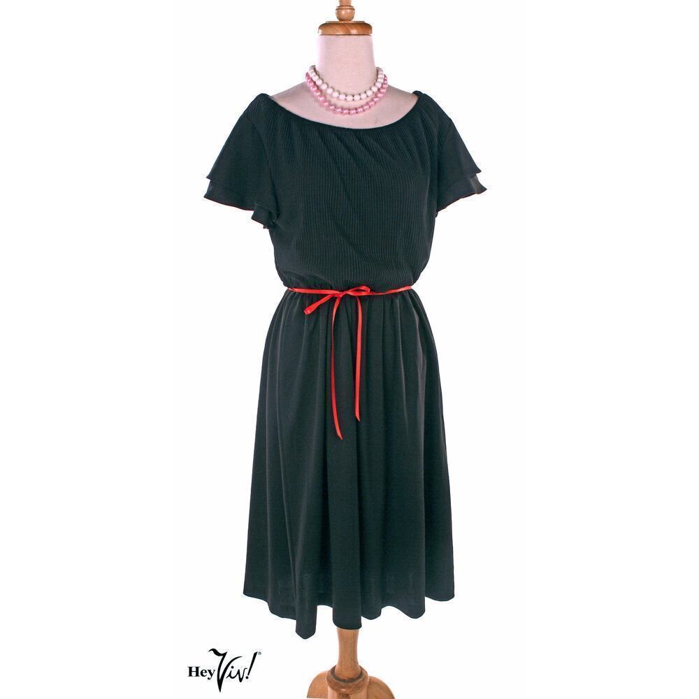 Vintage 80s Queens Row Black Dress w Flutter Sleeves Elastic Waist Sz L -Hey Viv